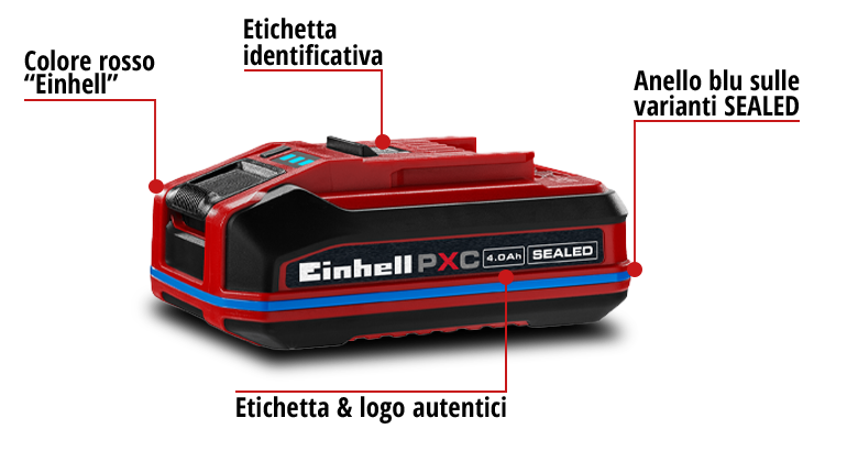 Batteria Einhell Power X‑Change con scocca rossa, parte superiore nera e anello blu che identifica la versione SEALED, etichettata “Einhell PXC 4.0Ah SEALED”.