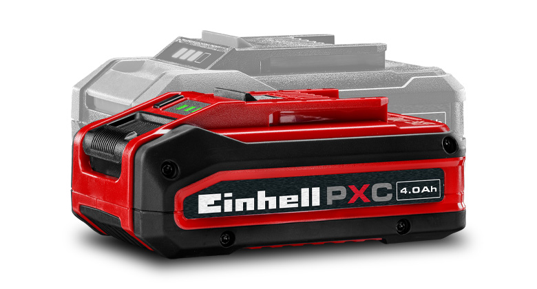 Batteria Einhell Power X-Change da 4,0 Ah a colori in primo piano, con una batteria in secondo piano in grigio.